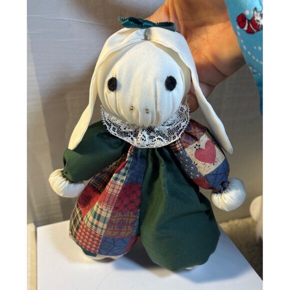 Handcrafted Fabric Bunny Doll With Patchwork Dress Vintage Rabbit Rag Doll 8.5" - Picture 2 of 6